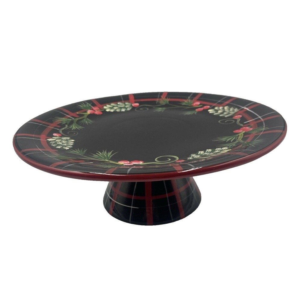 Certified International‎ P Brubaker Black/Pine/Plaid Pedestal Cake /Dessert Dish